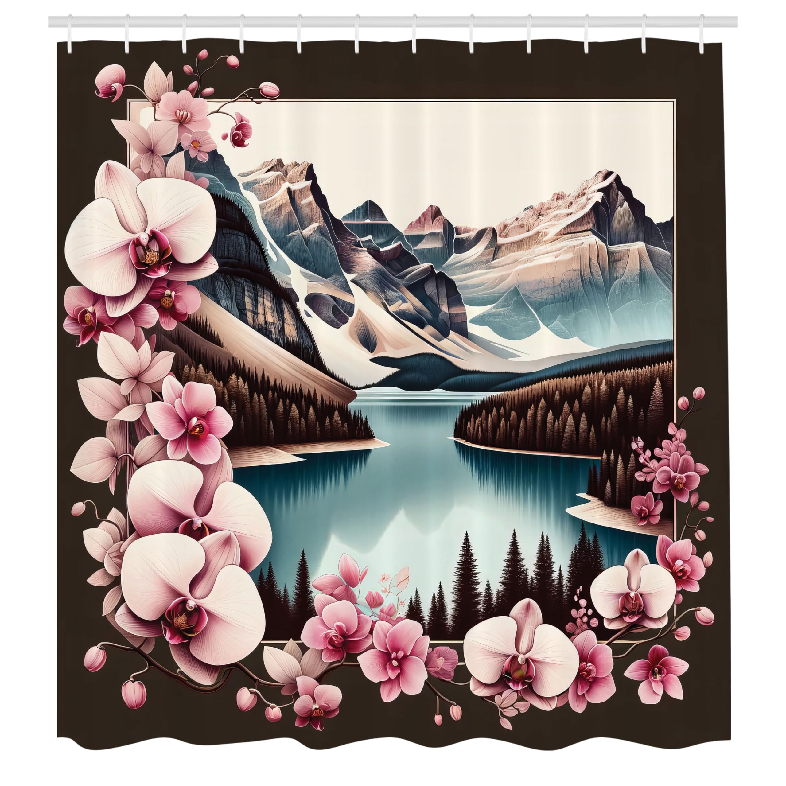 Ambesonne Lake Shower Curtain, Orchid Branches Around Mountain Landscape Spring Joy Outdoorsy View, Cloth Fabric Bathroom Decor